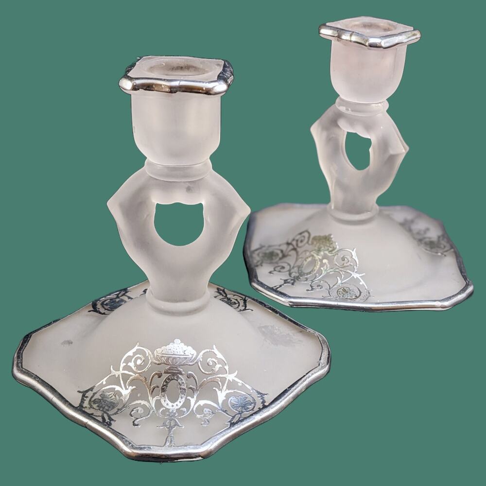 Vintage 1930s Paddon City Silver Overlay Frosted Glass Crow Foot Candle Holders